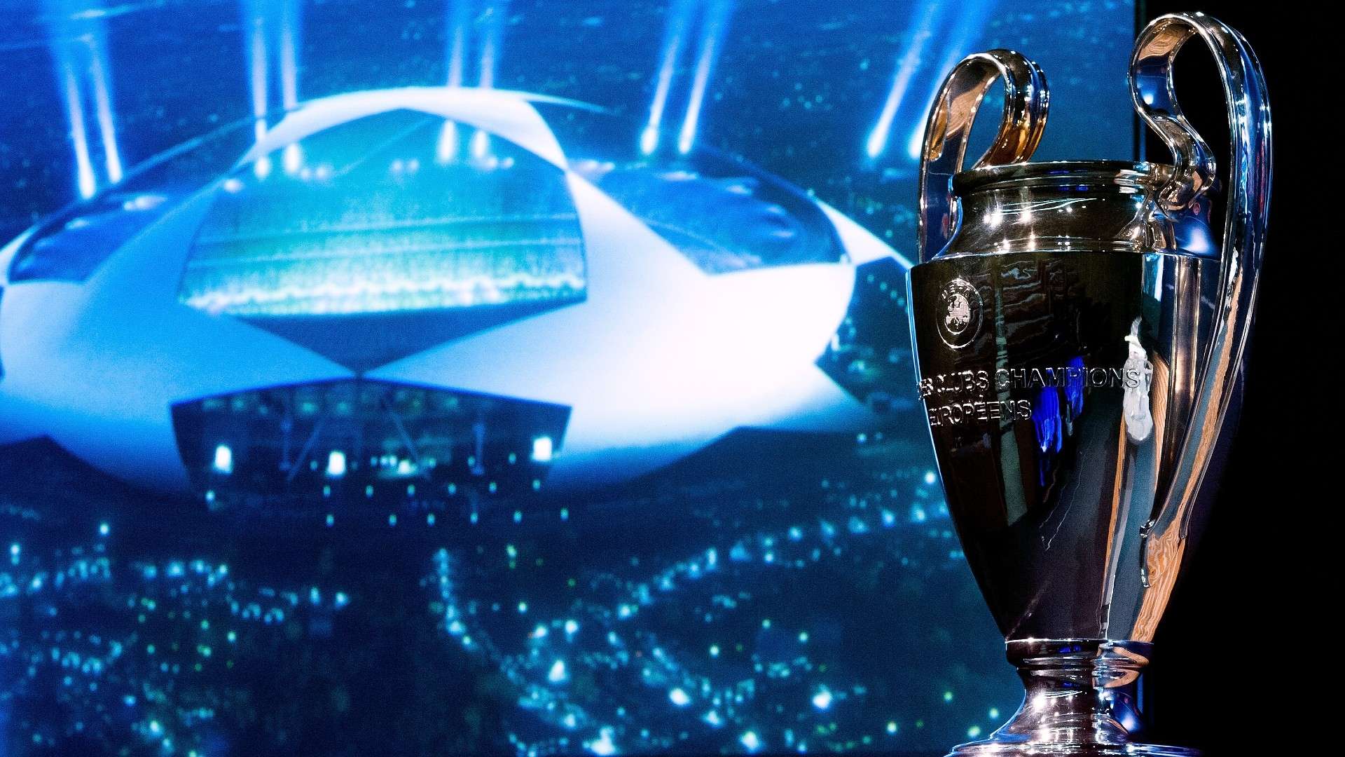 The UEFA Champions League trophy is displayed in the draw room