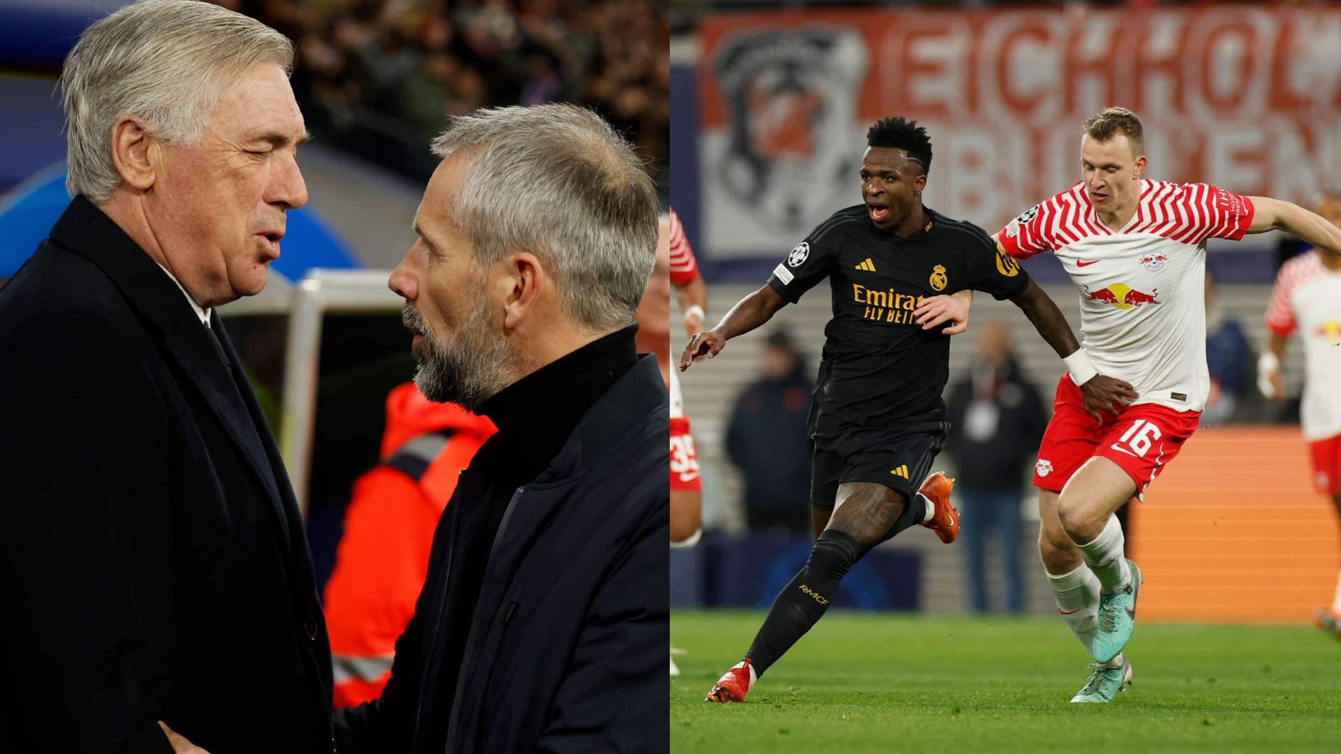 Carlo Ancelotti Vinicius Junior Real Madrid Marco Rose Leipzig UCL 2023-2024