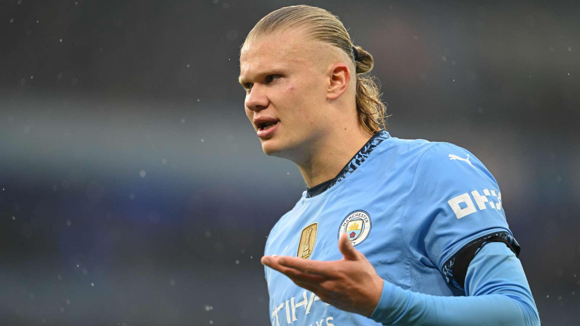 Erling Haaland playing for Manchester City in the 2024-25 Premier League season